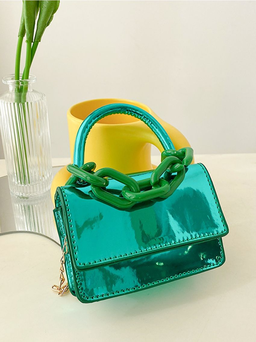 Mini Neon Green Satchel Chain Decor Flap Square Bag