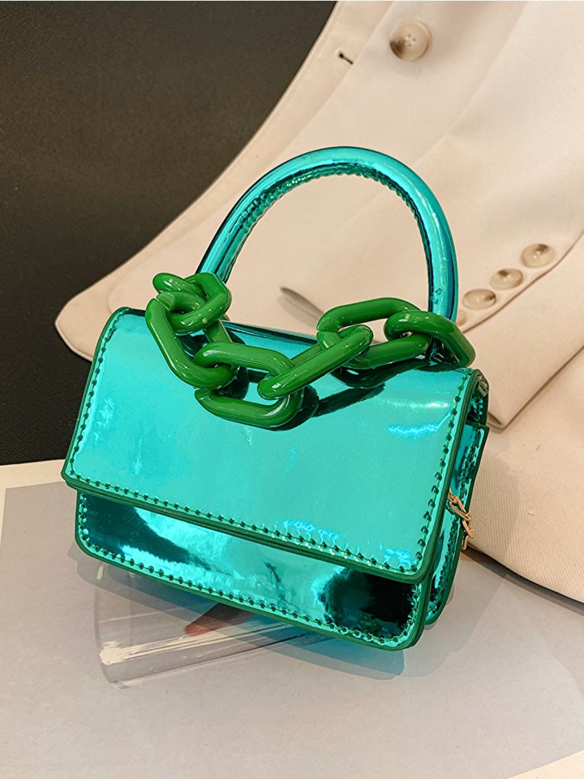 Mini Neon Green Satchel Chain Decor Flap Square Bag
