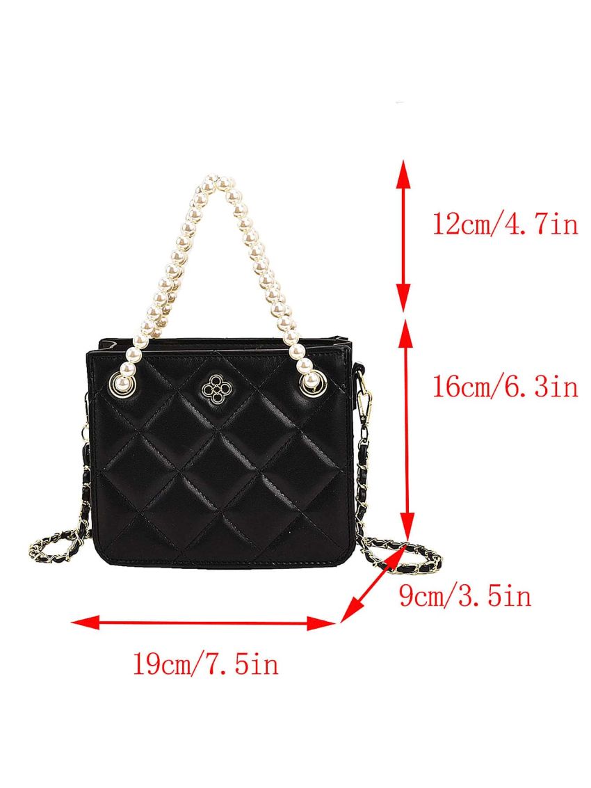 Mini Quilted Pattern Satchel Metal & Pearl Decor Square Bag