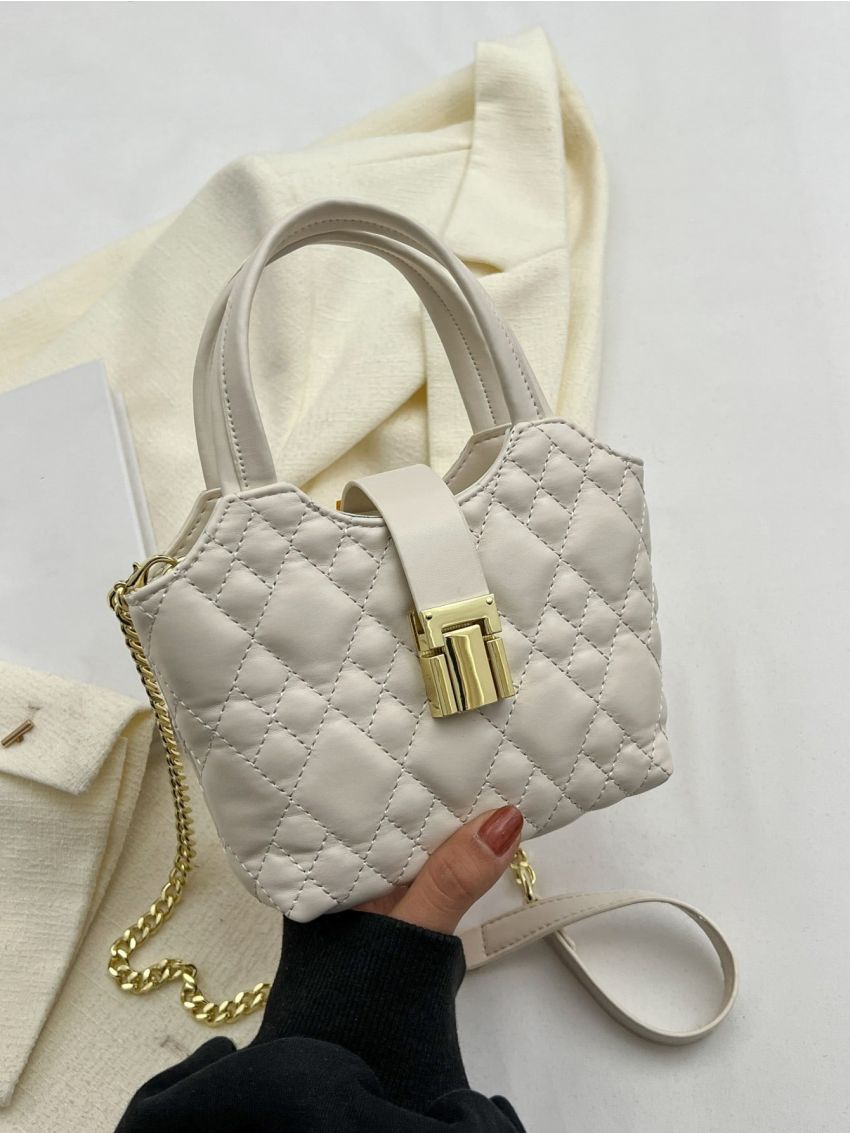 Mini Quilted Pattern Satchel Metal Decor Chain Square Bag