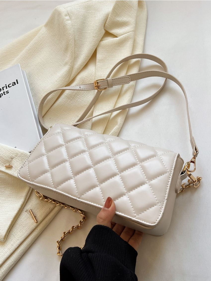 Quilted Pattern Shoulder Tote Bag Metal Lock Chain Square Bag