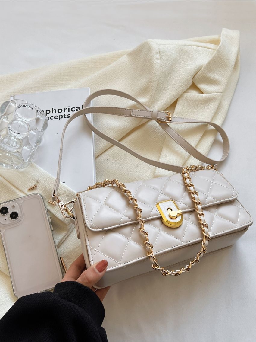 Quilted Pattern Shoulder Tote Bag Metal Lock Chain Square Bag
