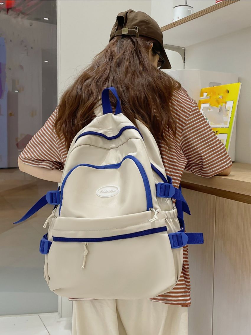 Colorblock Functional Backpack Letter Patch Decor Classic Backpack