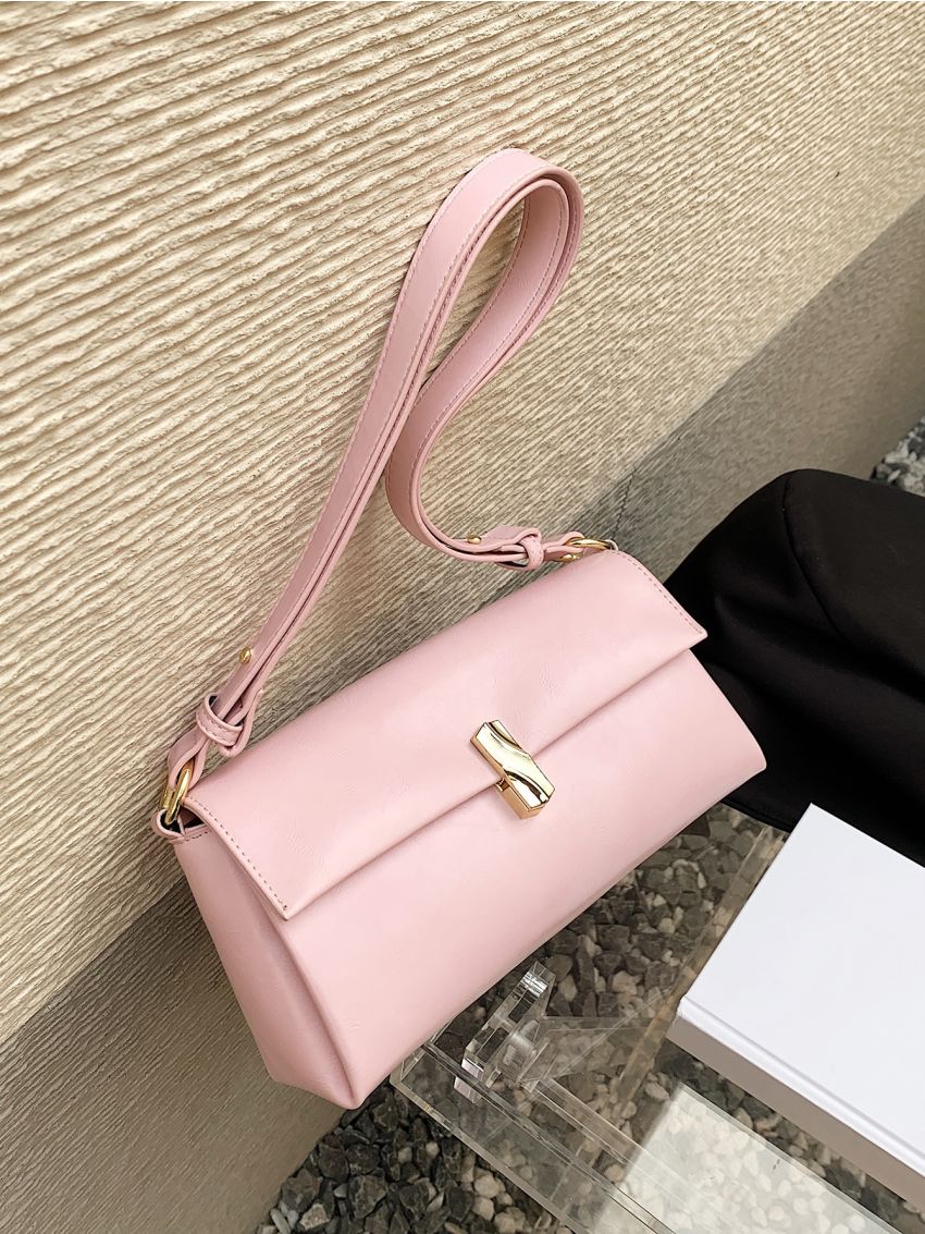 Pink Square Bag Metal Decor Flap Shoulder Bag For Daily