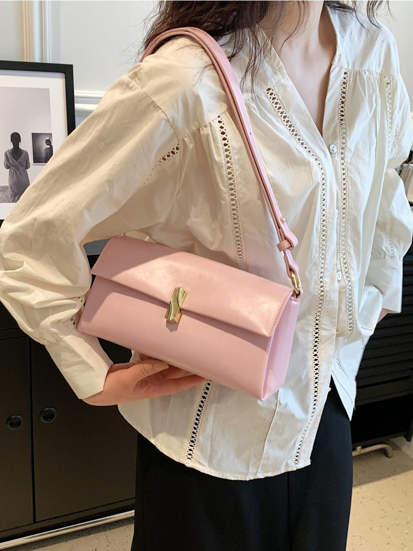 Pink Square Bag Metal Decor Flap Shoulder Bag For Daily