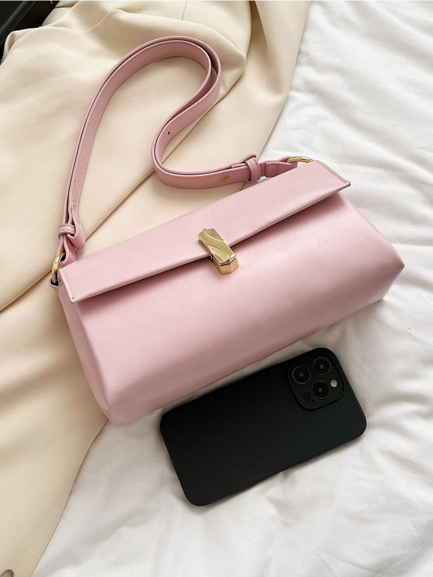 Pink Square Bag Metal Decor Flap Shoulder Bag For Daily