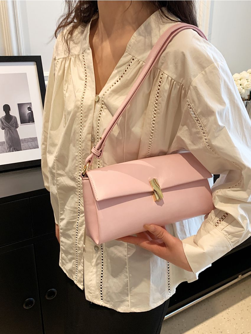 Pink Square Bag Metal Decor Flap Shoulder Bag For Daily