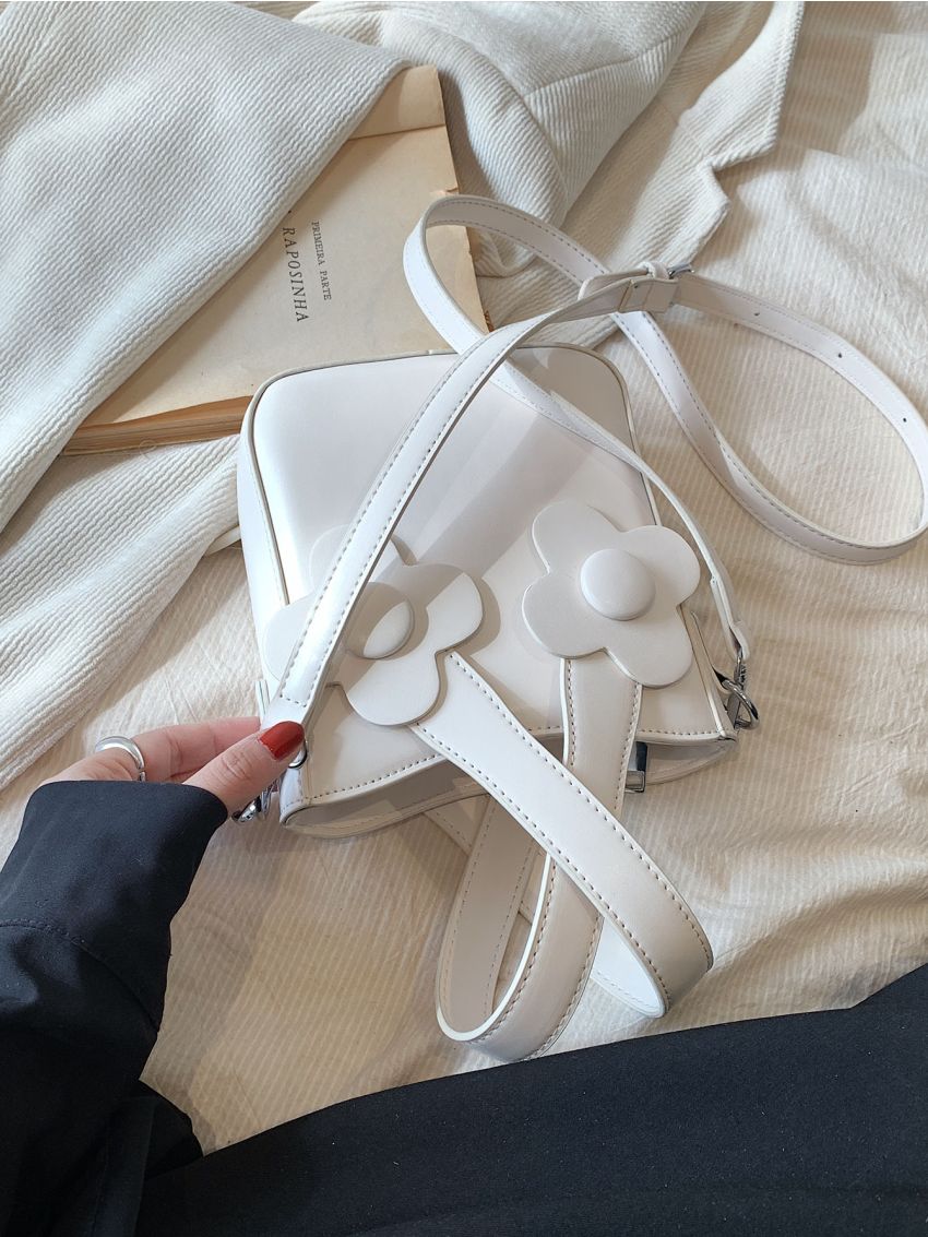 Mini White Bucket Bag Floral Decor Satchel Bag