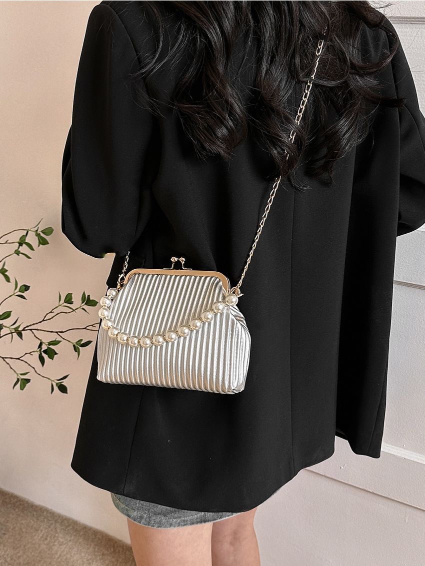 Geometric Embossed Dome Bag Kiss Lock Pearl Decor Chain Strap