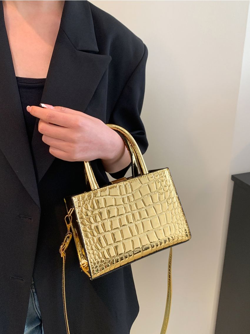 Mini Square Bag Crocodile Embossed Metallic PU For Daily Life
