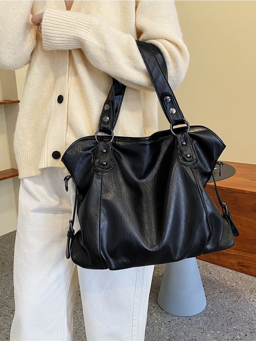 Large Capacity Shoulder Tote Bag PU Studded Decor For Daily Life, Large Capacity Tote Bag For Work And Travel