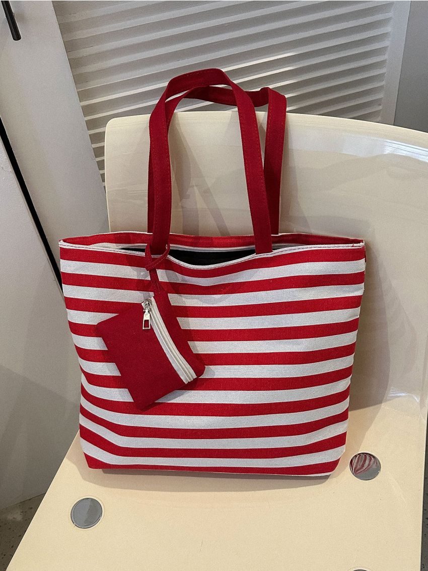 Neon Red Tote Bag Striped Pattern Shopper Bag With Purse