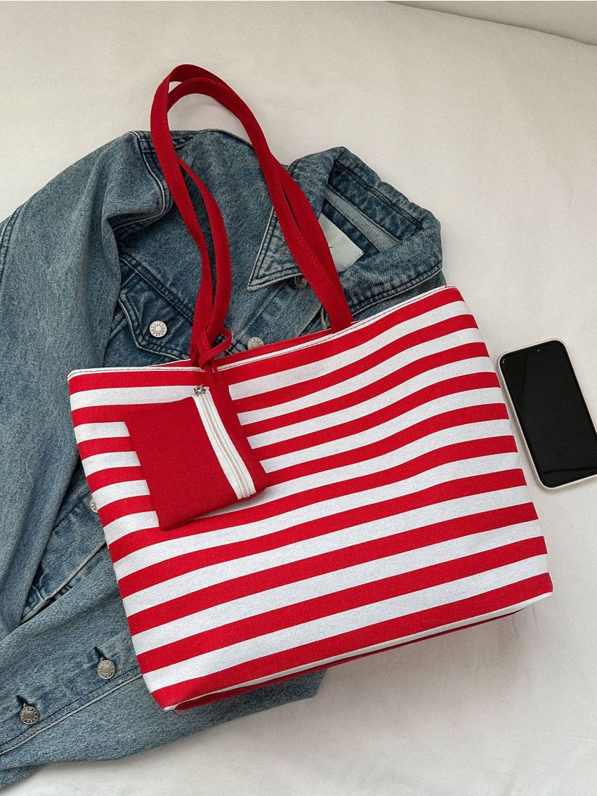 Neon Red Tote Bag Striped Pattern Shopper Bag With Purse