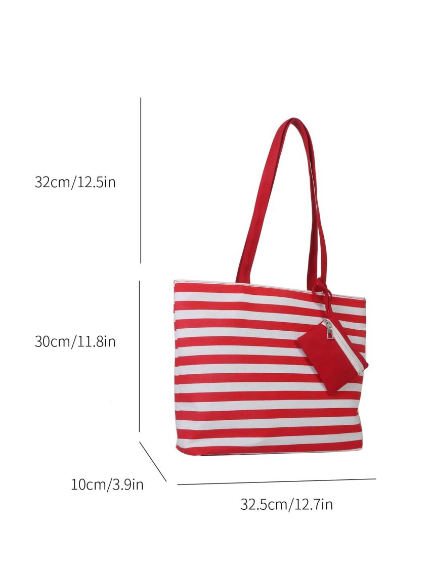 Neon Red Tote Bag Striped Pattern Shopper Bag With Purse