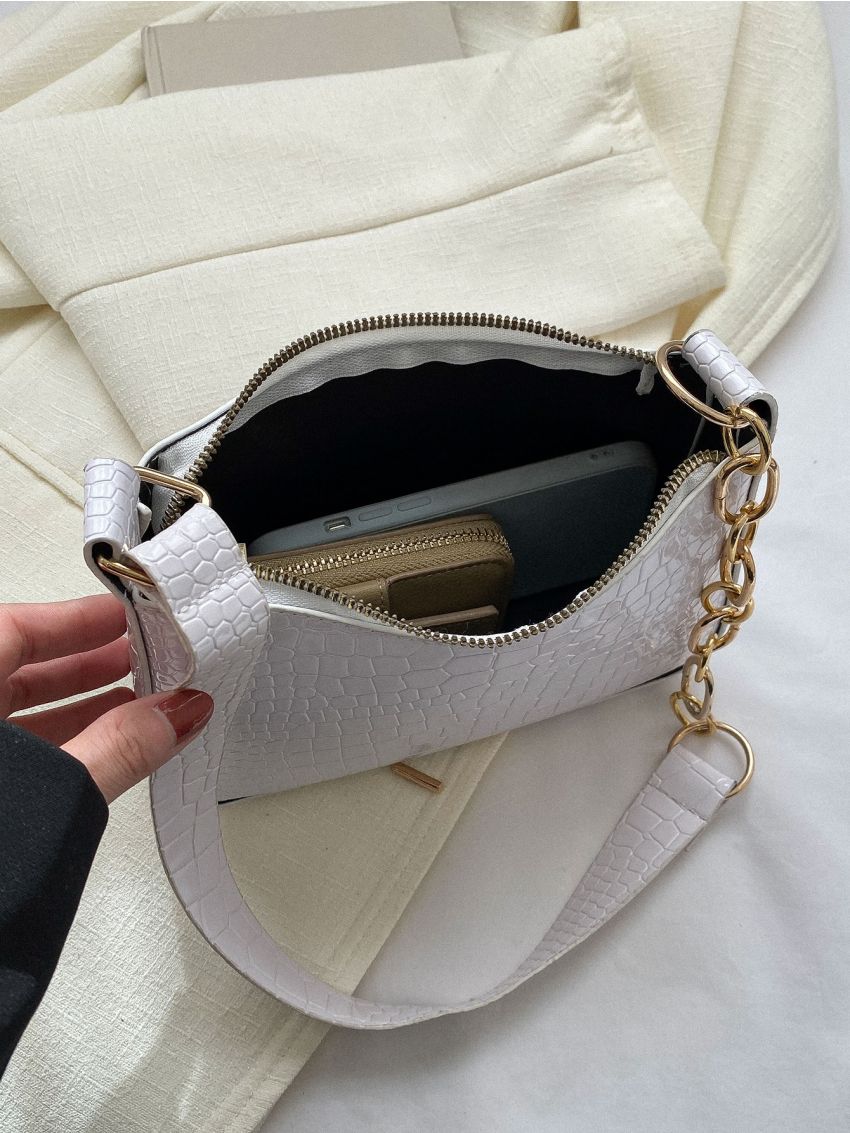 Crocodile Embossed Hobo Bag White Chain Strap For Daily Working