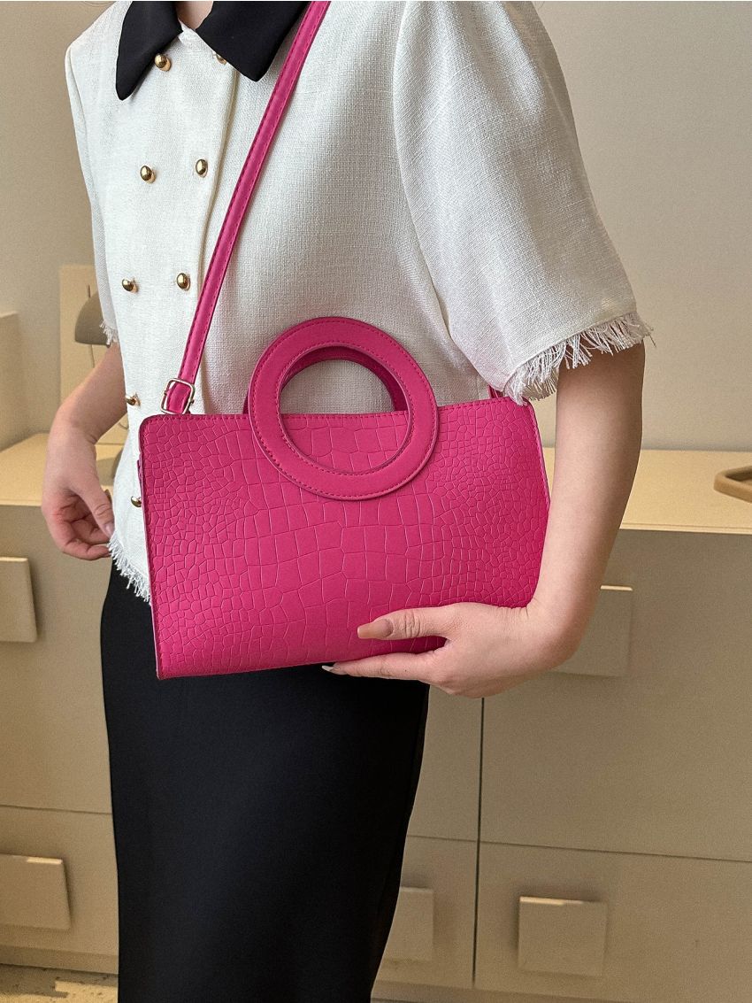 Crocodile Embossed Square Bag Neon Pink Medium
