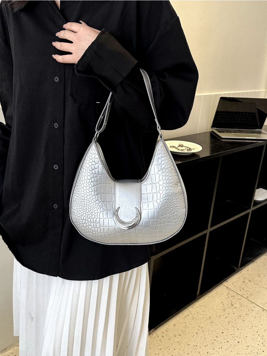 Metallic Hobo Bag Crocodile Embossed Small Silver For Daily