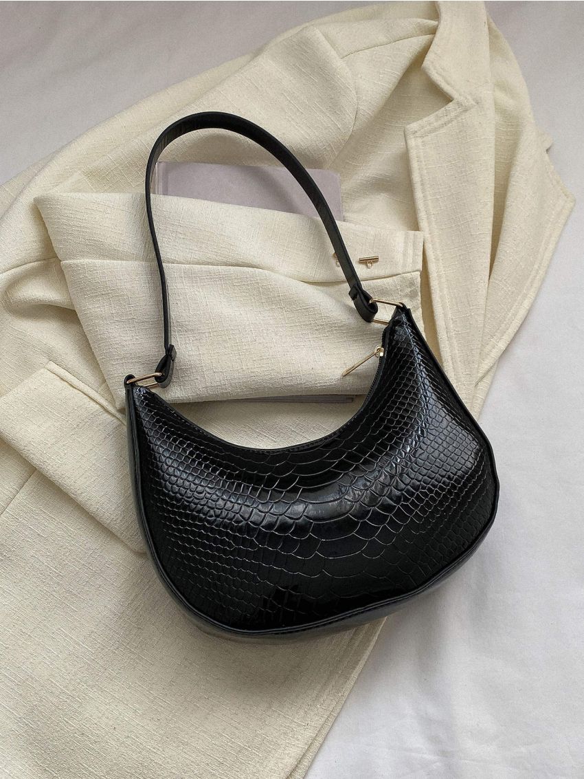 Minimalist Hobo Bag Crocodile Embossed Small Black For Daily