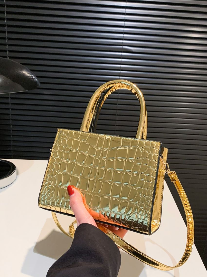 Metallic Square Bag Crocodile Embossed Mini Gold For Club