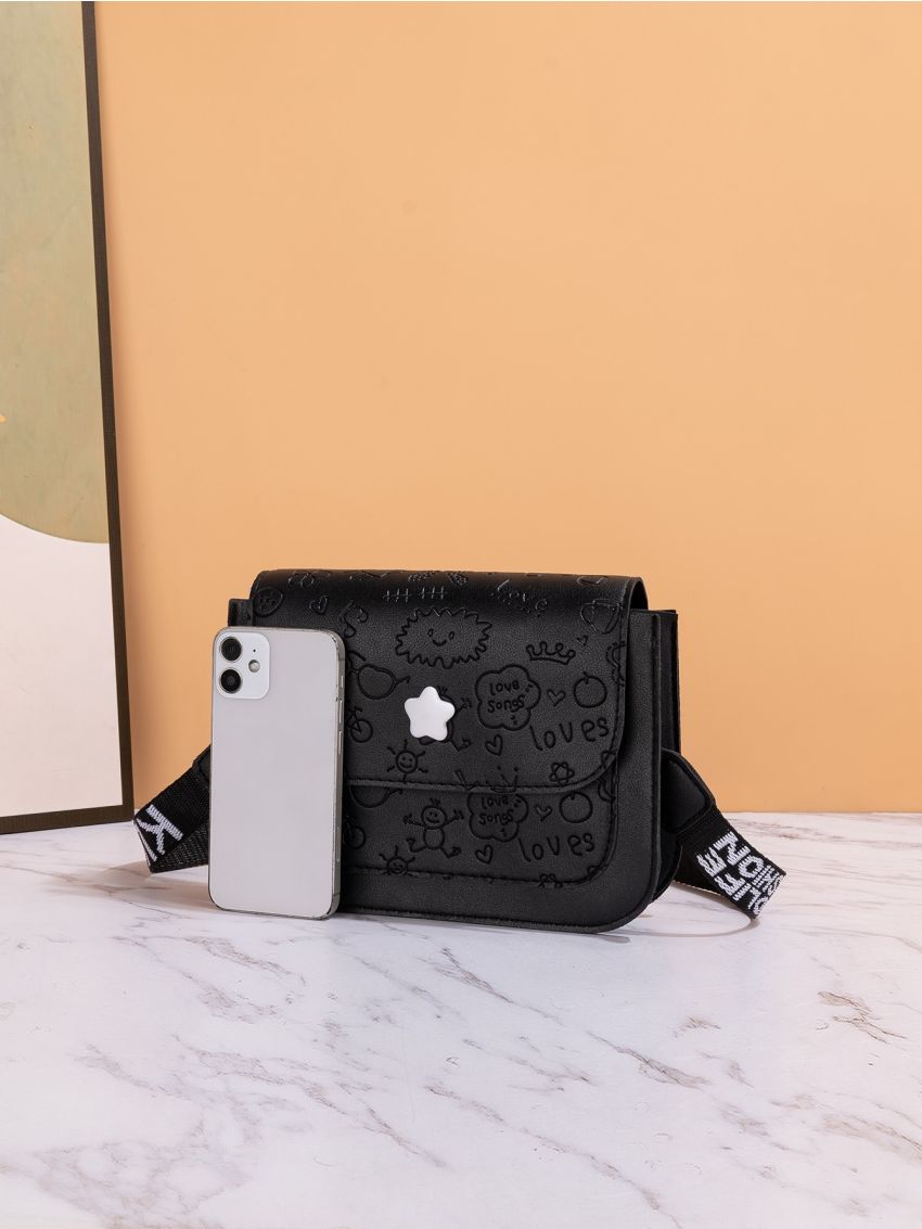 Glasses & Crown Embossed Square Bag Star Decor PU Flap For Daily Life