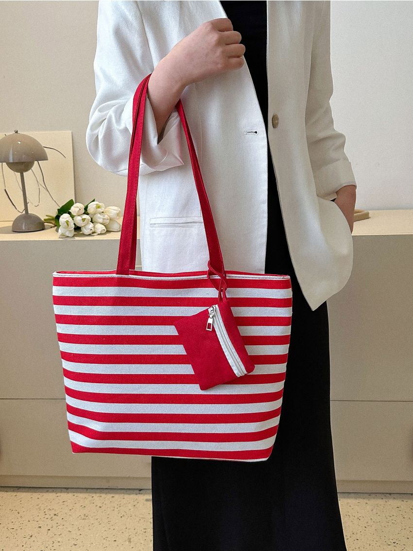 Neon Red Tote Bag Striped Pattern Shopper Bag With Purse