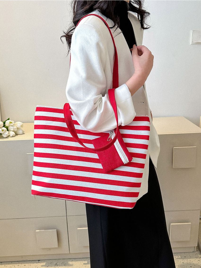 Neon Red Tote Bag Striped Pattern Shopper Bag With Purse