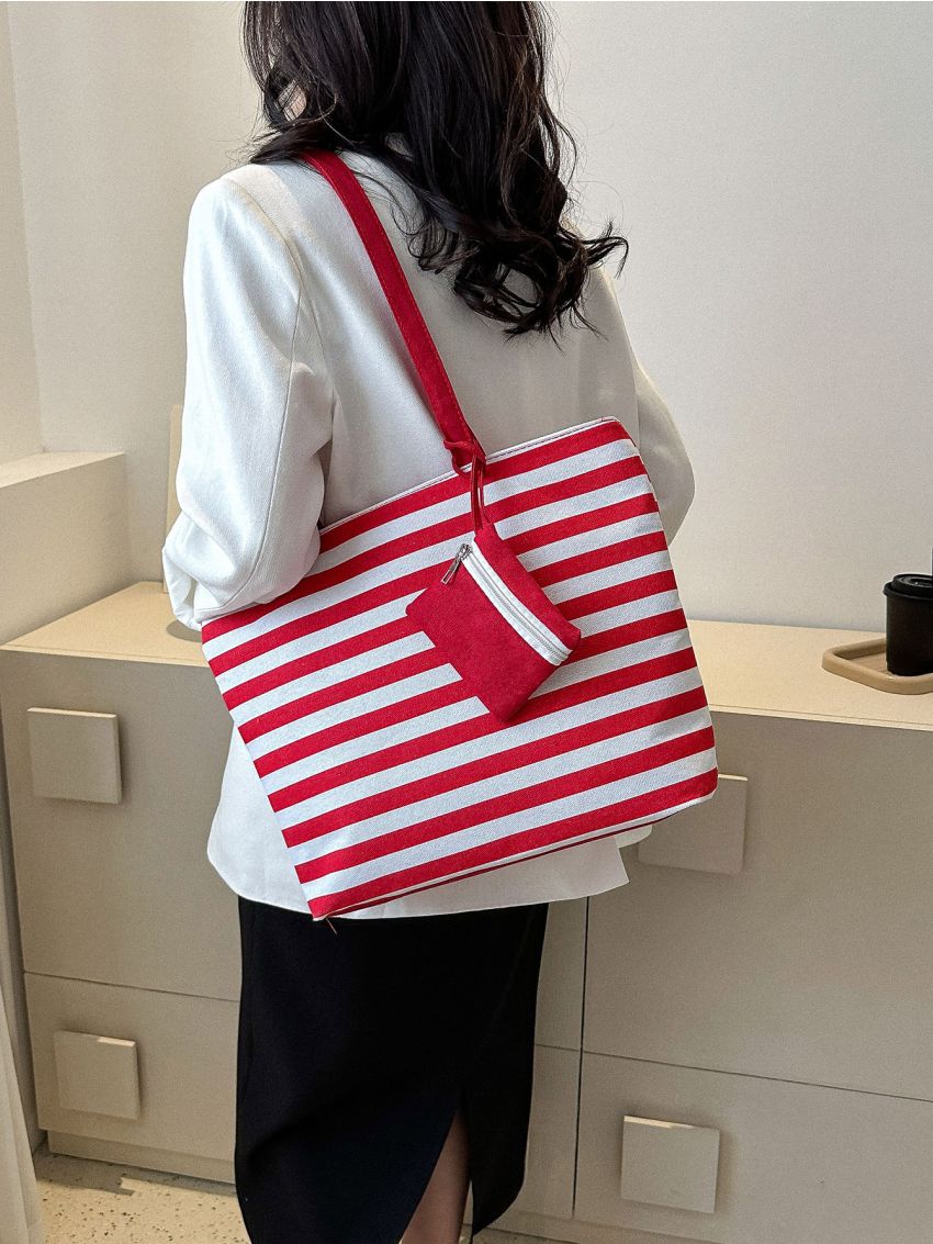 Neon Red Tote Bag Striped Pattern Shopper Bag With Purse
