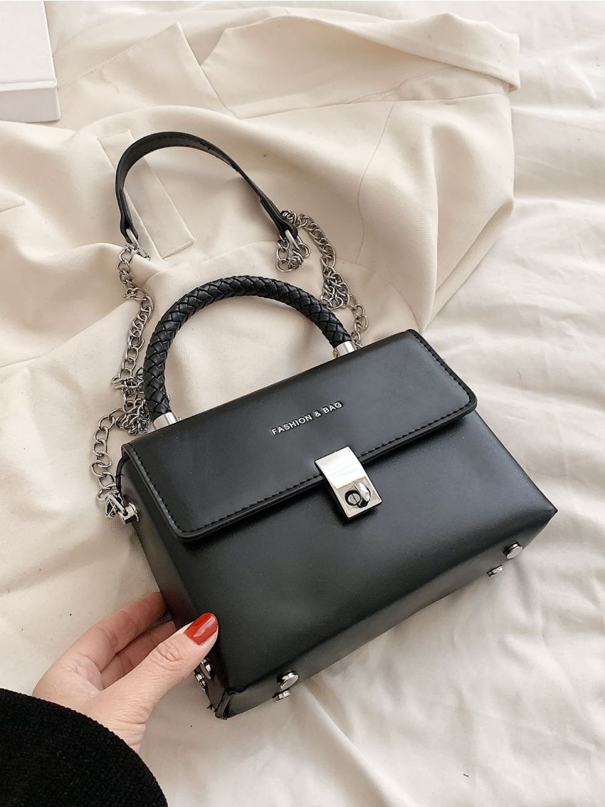 Mini Square Bag Fashionable Letter Decor Chain Top-Handle Buckle PU For Daily