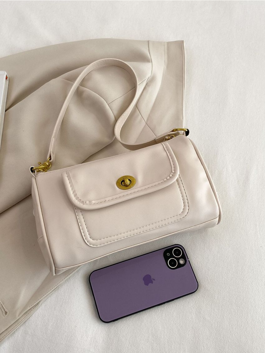 Medium Square Bag Turn Lock Pocket Front Minimalist