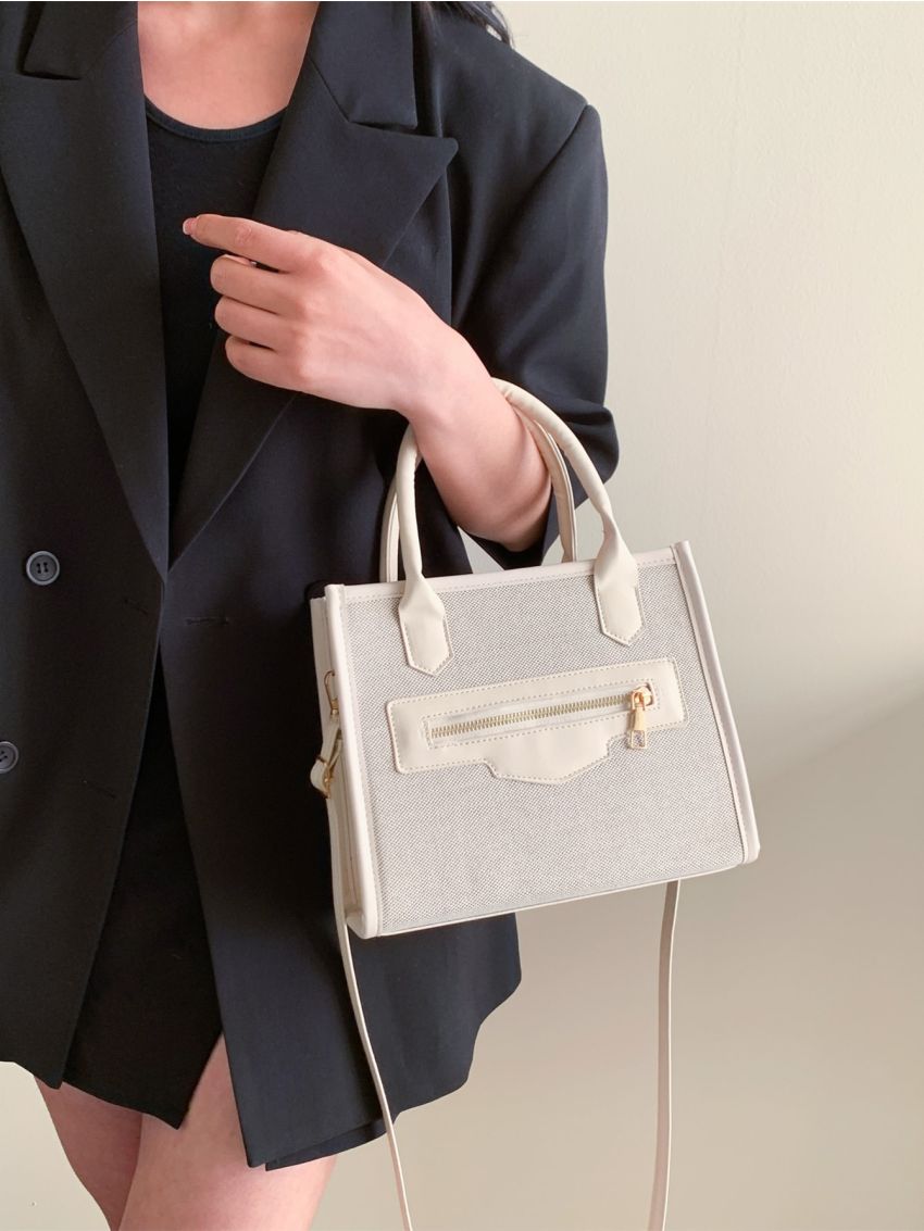 Small Square Bag White Zipper Front Decor For Work