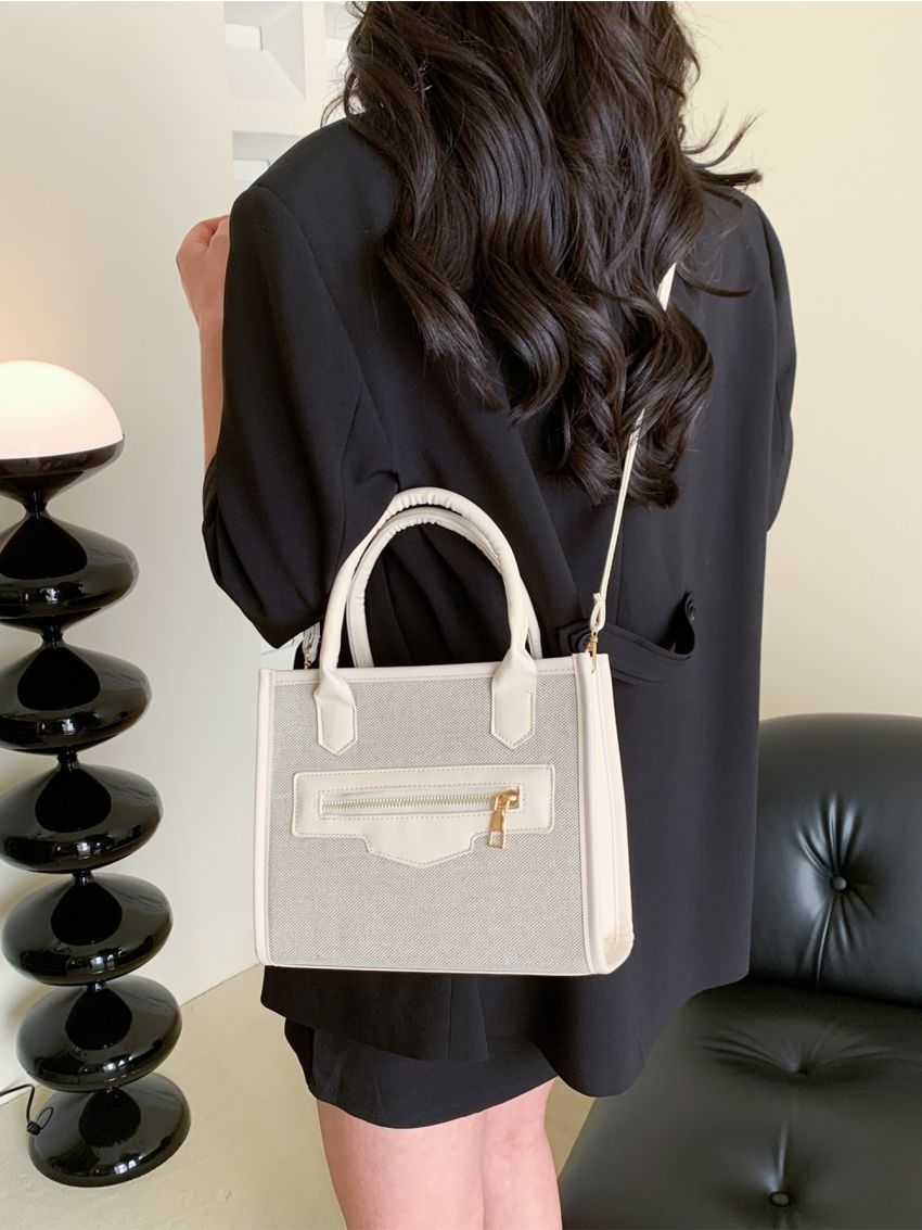 Small Square Bag White Zipper Front Decor For Work