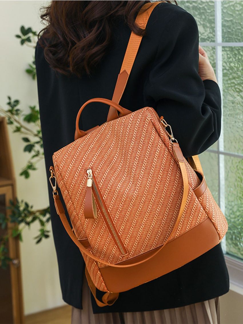 Striped Pattern Zipper Classic Backpack Pocket Side