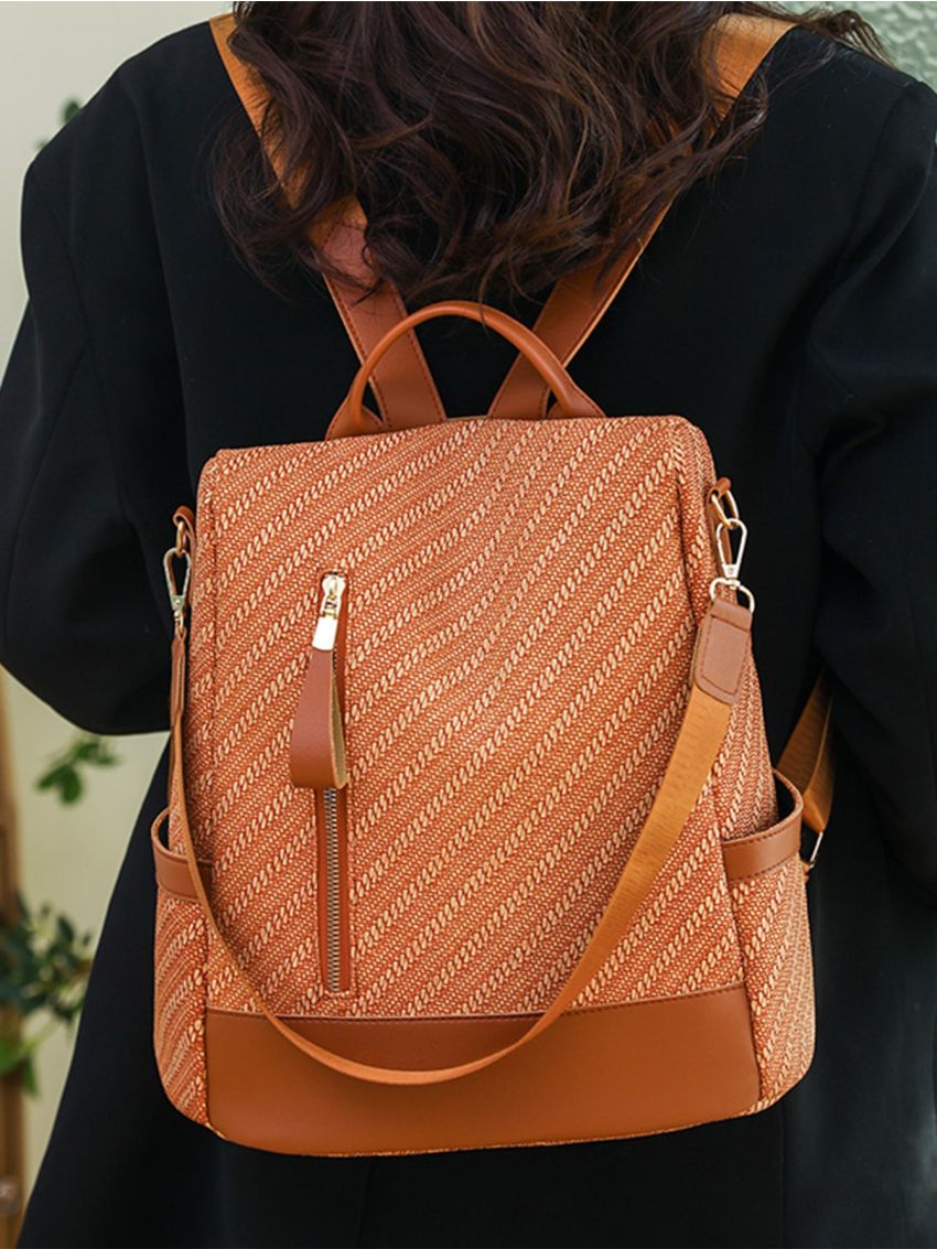 Striped Pattern Zipper Classic Backpack Pocket Side