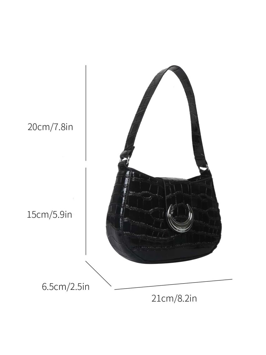 Small Hobo Bag Crocodile Embossed Metal Moon Decor