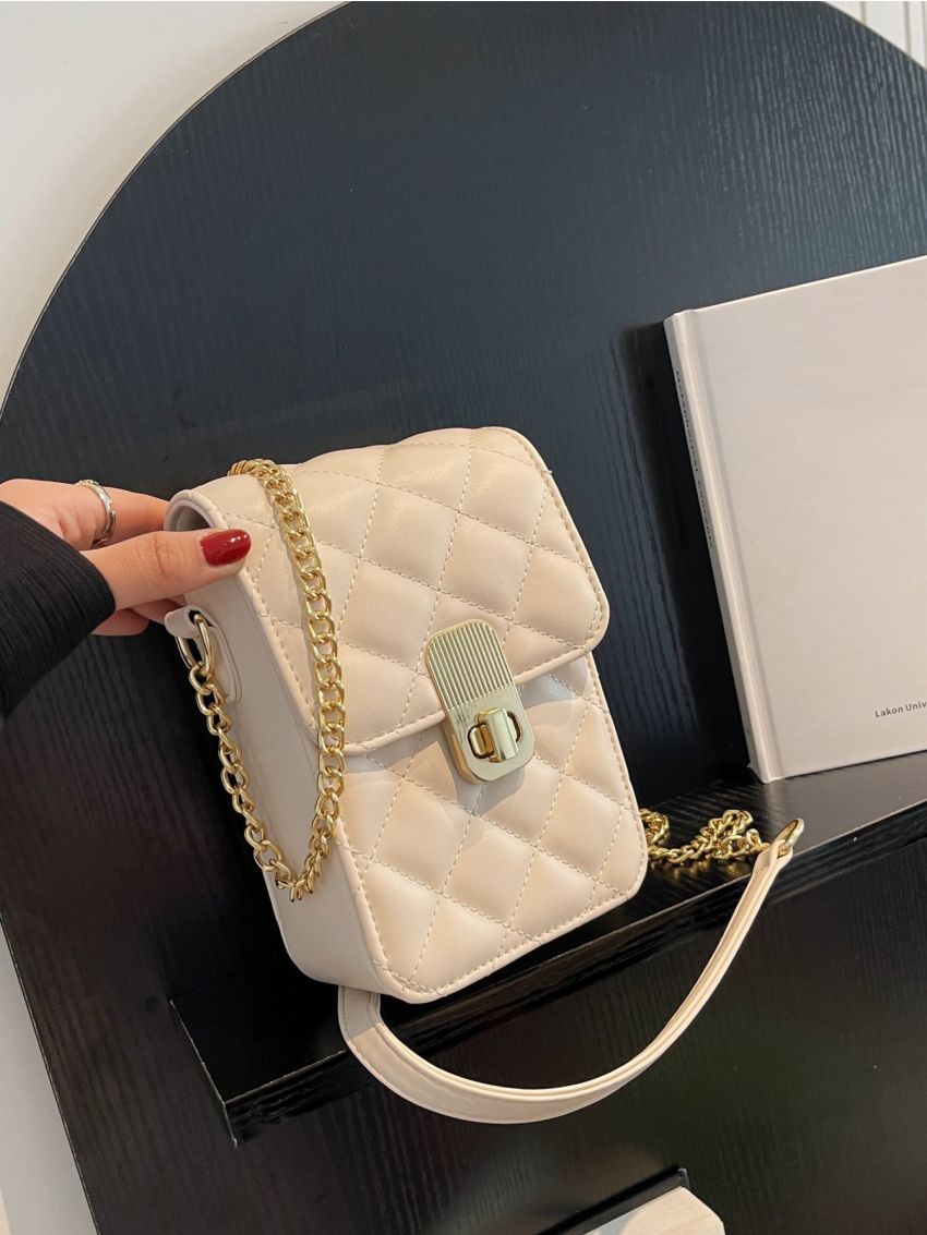 Mini Flap Square Bag Quilted Pattern Turn Lock Chain Strap