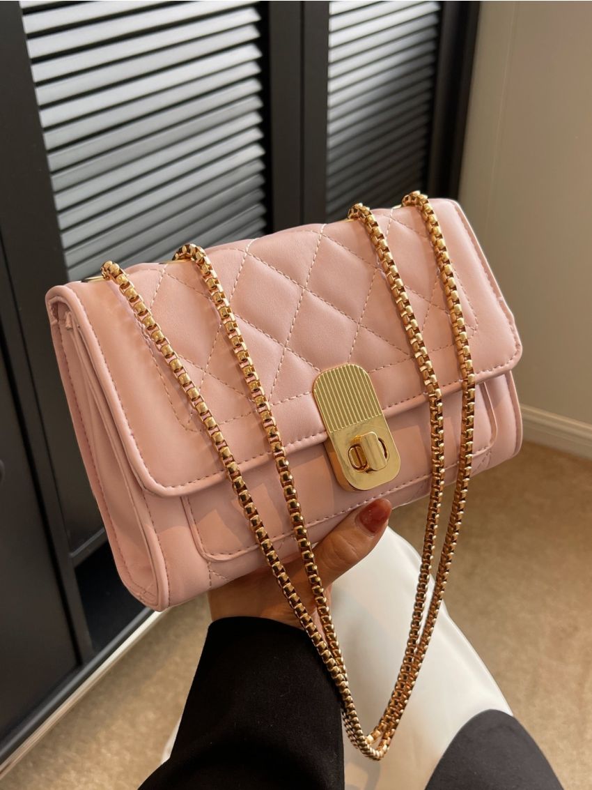 Mini Flap Square Bag Quilted Pattern Turn Lock PU