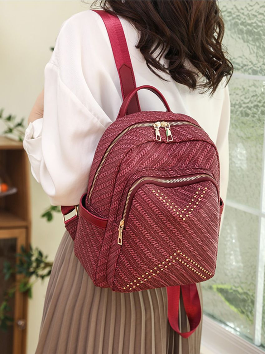 Striped Pattern Zipper Classic Backpack Fashion Studded Decor