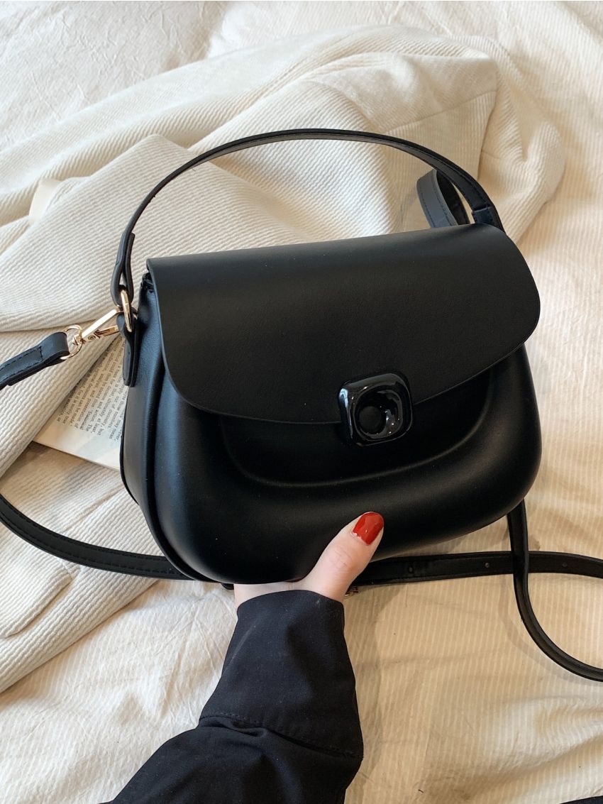 Small Square Bag Black Minimalist Flap For Daily