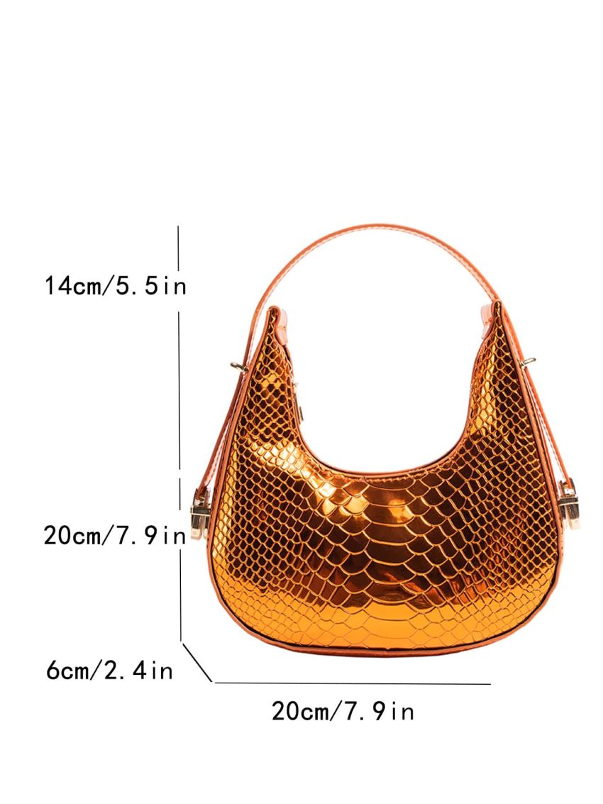 Mini Metallic Hobo Bag Crocodile Embossed Orange For Party