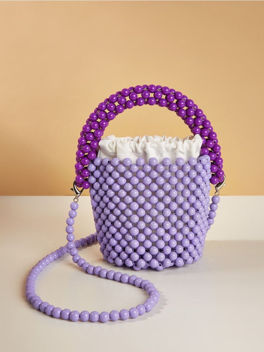 Mini Satchel Bag Two Tone Beaded Design Top Handle