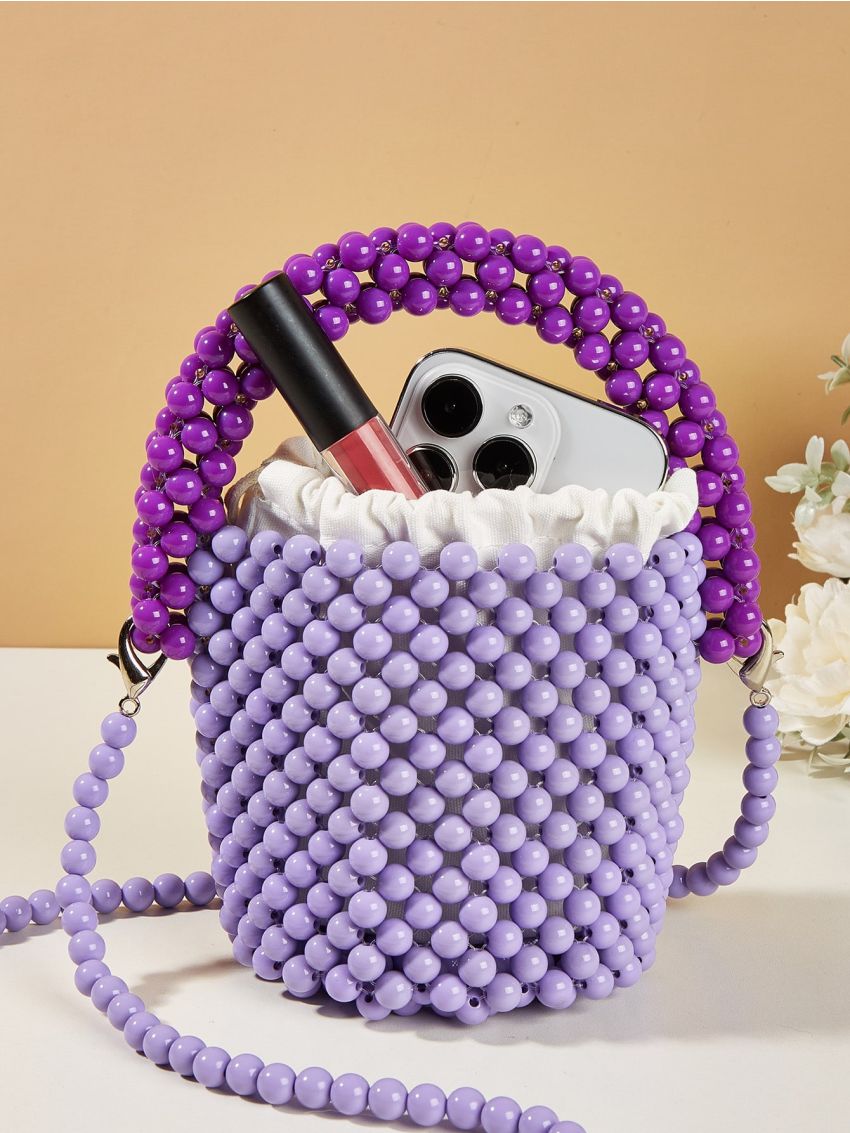 Mini Satchel Bag Two Tone Beaded Design Top Handle