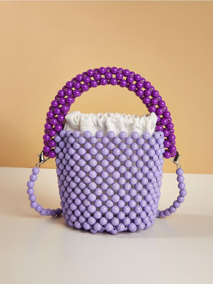 Mini Satchel Bag Two Tone Beaded Design Top Handle