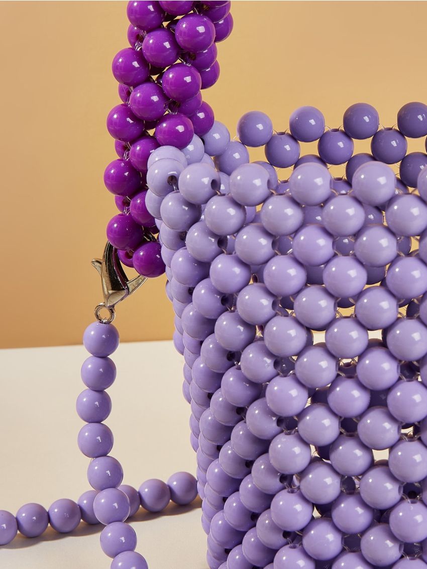 Mini Satchel Bag Two Tone Beaded Design Top Handle