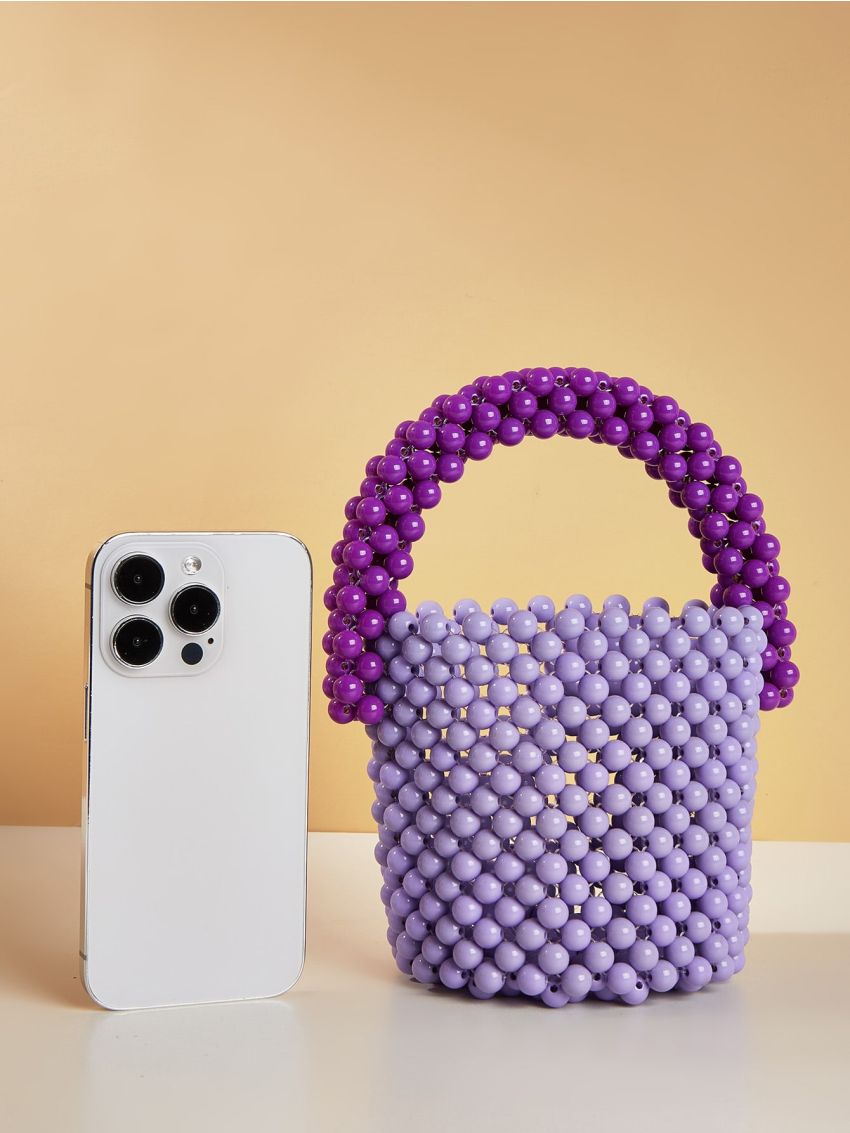 Mini Satchel Bag Two Tone Beaded Design Top Handle