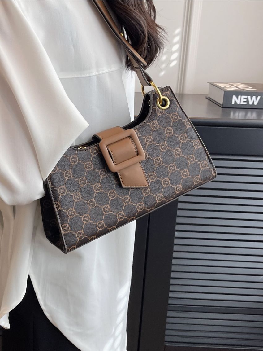 Letter Graphic Hobo Bag Buckle Decor Brown For Work Office