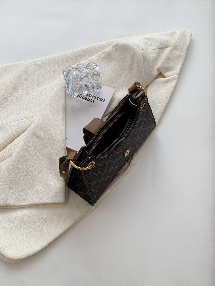 Letter Graphic Hobo Bag Buckle Decor Brown For Work Office