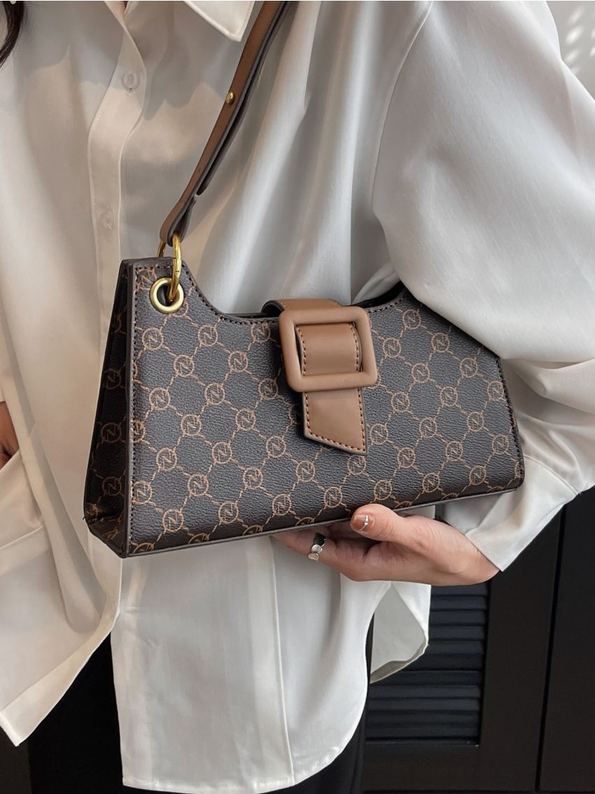 Letter Graphic Hobo Bag Buckle Decor Brown For Work Office