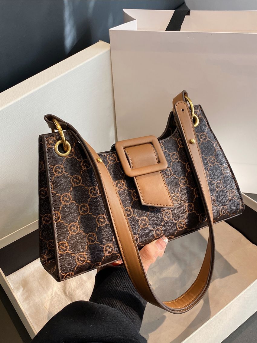 Letter Graphic Hobo Bag Buckle Decor Brown For Work Office