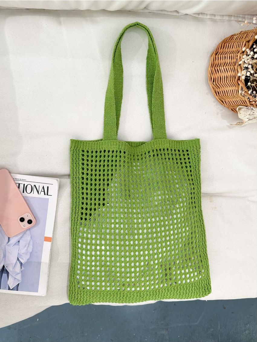 Hollow Out Design Crochet Bag Double Handle For Vacation Travel Women's Casual Tote Single Shoulder Bag, Minimalist Hollow Out Design Crochet Bag, Large Capacity Shopping Bag