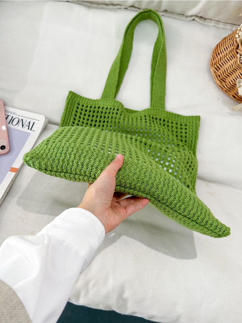 Hollow Out Design Crochet Bag Double Handle For Vacation Travel Women's Casual Tote Single Shoulder Bag, Minimalist Hollow Out Design Crochet Bag, Large Capacity Shopping Bag